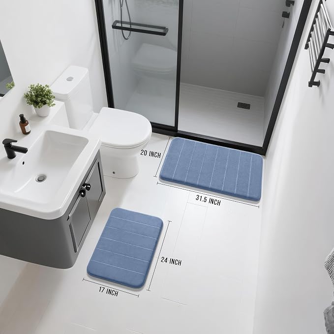 Yimobra Memory Foam Bathroom Rugs Sets 2 Piece - Super Soft Absorbent Quick Dry Bath Mat Set, Machine Washable Non Slip Floor Carpet for Tub Shower & Single Sink (17x24 & 31.5x20 Inch, Denim Blue)