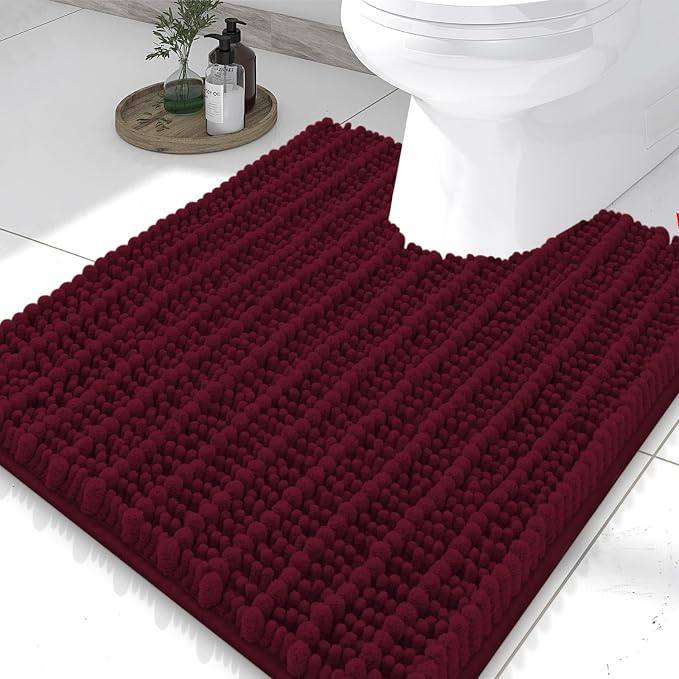 Smiry Bathroom Toilet Rugs U Shaped 24X20, Chenille Bath mats for Toilet | Burgundy Extra Soft Absorbent Non Slip Rubber Backing Contour Bath Rugs for Toilet, Machine Washable Contoured Bath Mats