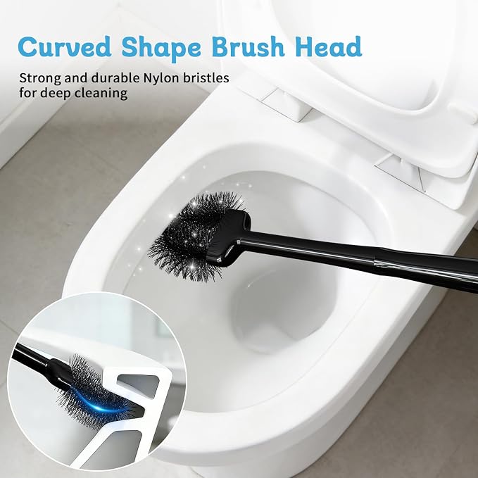 Sellemer Toilet Brush and Plunger Set, Curved Head for Deep Cleaning, Black | Brush and Plunger set, Curved Nylon Bristles for Deep Clean, Strong Suction Plunger, Ventilated Holder for Quickly Air Dry