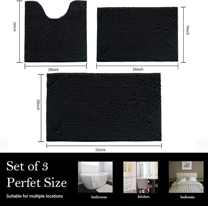 Bathroom Rugs Chenille Bath mat 3 Piece Set, Super Absorbent, Strong PVC Non Slip Backing, Bath mats for Bathroom, Plush Shaggy, Thick, Machine Washable, Bathtub, Shower, Toilet, Black