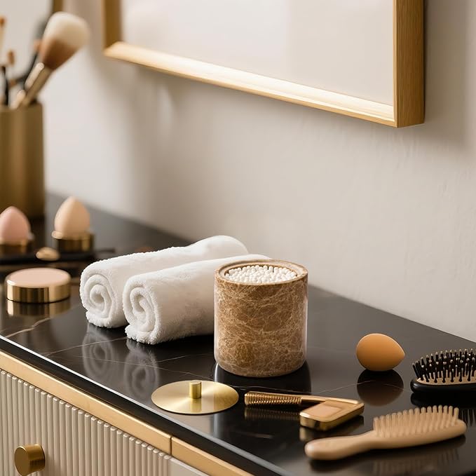 Marble Qtip Holder with Brass Lid for Cotton Swabs,Balls,Pads,Floss Picks Large Capacity Marble Apothecary Jar for Bathroom Essentials Decor, Vanity Makeup Storage Organizer Light Brown (WH080)
