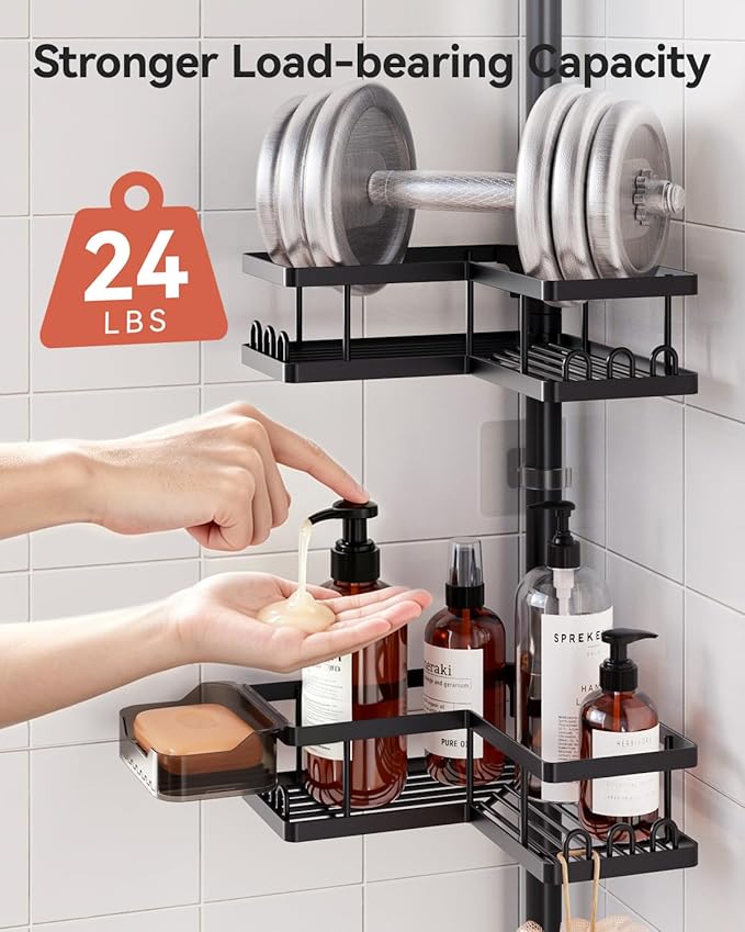 YASONIC Corner Shower Caddy Tension Pole, 25.7-109.1in Adjustable Shower Shelves, Rust-Resistant Shower Organizer, No-Drill 3-Step Installation, Bathroom Shelves for Renters & Family, Black