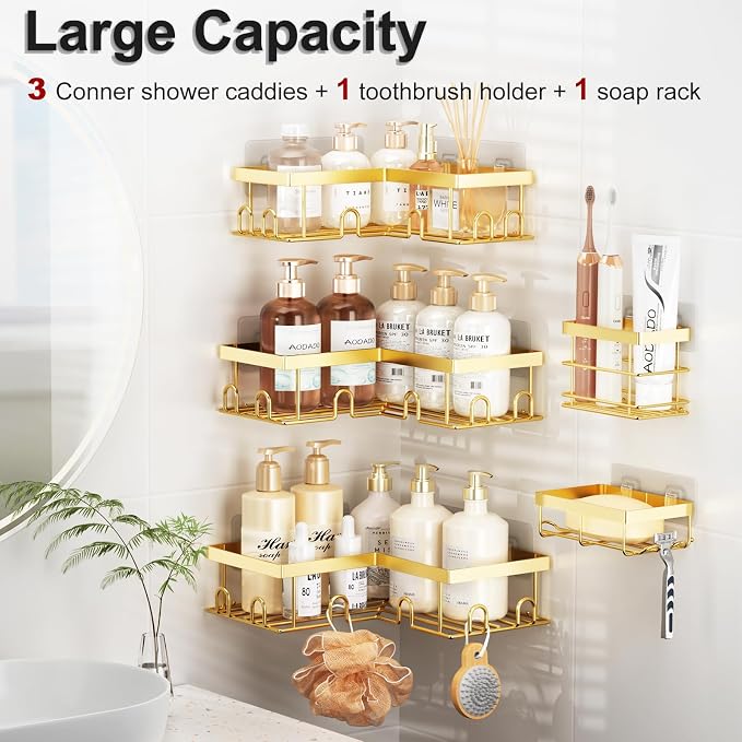 Liuoud Corner Shower Caddy 5 Pack, Rustproof Stainless Steel Shower Organizer with Soap Rack Toothbrush Holder, Large Capacity Adhesive No Drilling Bathroom Kitchen&Home Decor Set, Gold
