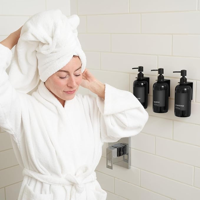 Stylish Shampoo & Conditioner Dispenser Set of 3 - Wall Mount, Drill Free | Modern 21oz Shower Soap Bottles with Labels - Easy Refill Body Wash Dispensers for an Instant Bathroom Decor Upgrade