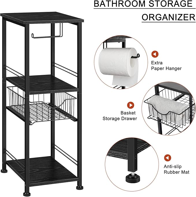 OYEAL Toilet Paper Storage Cabinet Black Small Bathroom Side Shelf with Drawer Narrow Bathroom Storage Cabinet Towel Storage Organizer for Bathroom Laundry Room Kitchen Pantry, Black