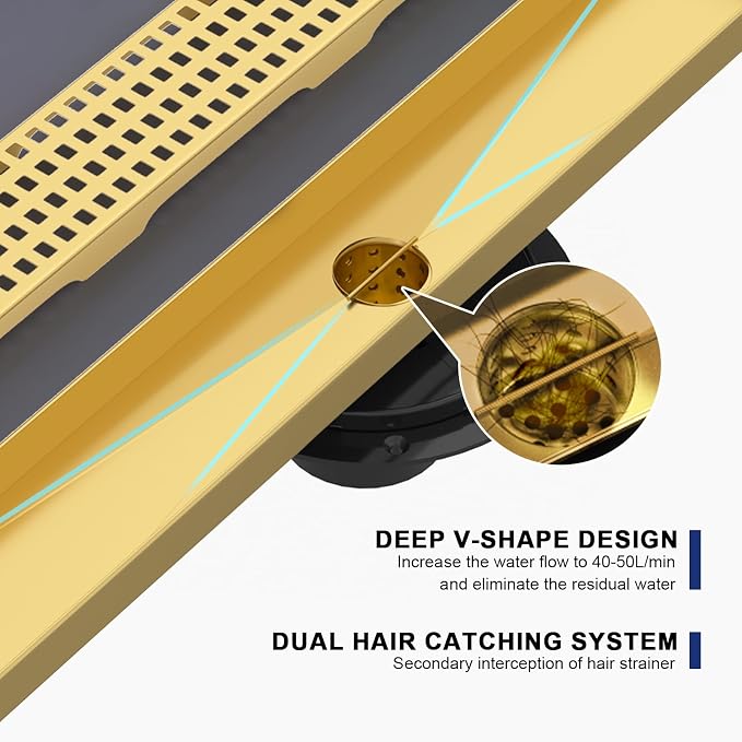 Linear Shower Drain | 60 Inch AISI 304 Stainless Steel Shower Drain, Brushed Gold Linear Drain with Removable Quadrato Grate Cover & Adjustable Feet, Rectangle Floor Drain, in Bathroom Balcony etc