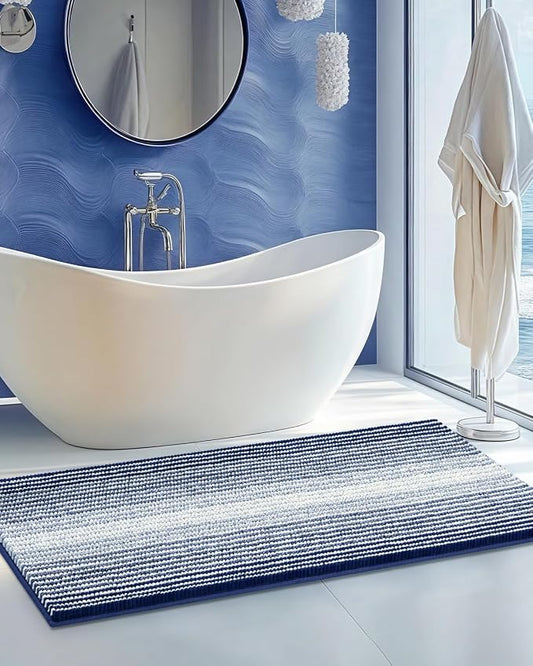 BSICPRO Large Chenille Bathroom Rugs Runner, 22x60 Striped Bath Mats, Navy | Non Slip Backing, Extra Soft Absorbent, Quick Dry Machine Washable, Shower Rug for Bathroom Floor, Tub, Bedroom Decor