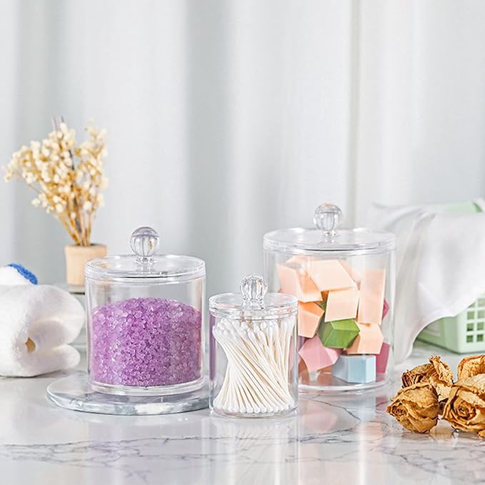 YOUEON 6 Pack Acrylic Apothecary Jars with Lids, 32/20/10 Oz Clear Cotton Ball & Pad Holder, Bathroom Canister Candy Jar for Bath Salt, Cotton Pads, Candies