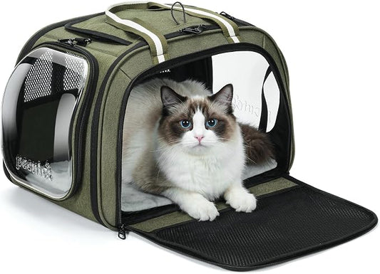 Pecute Cat Carrier with Bubble Window & Sunshade for Dogs Cats, Green L | Dual bubble windows & top sunshade, 70% more airflow mesh, Impact-resistant stable frame, Locking zippers, Fits up to 15 lbs