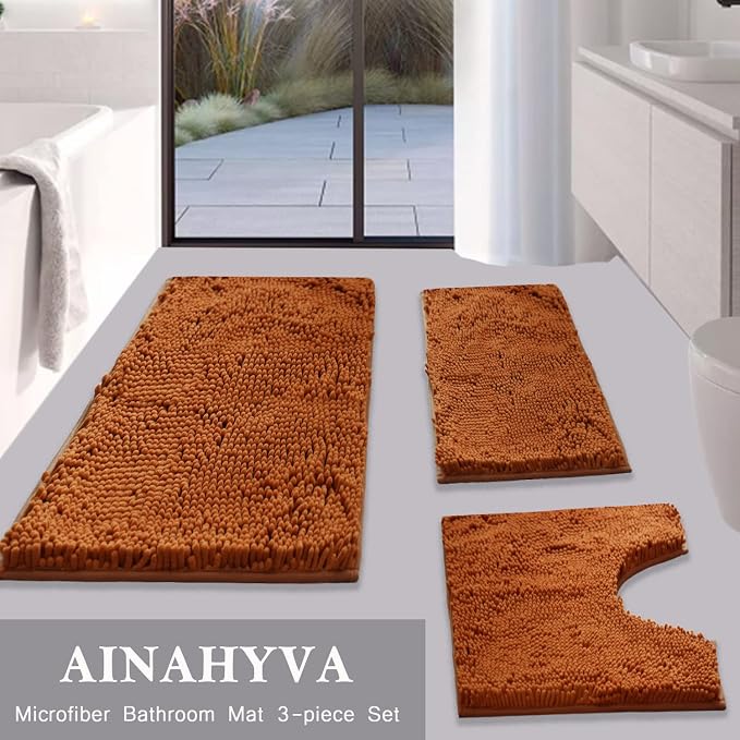Bathroom Rugs Chenille Bath mat 3 Piece Set, Super Absorbent, Strong PVC Non Slip Backing, Bath mats for Bathroom, Plush Shaggy, Thick, Machine Washable, Bathtub, Toilet, Champagne