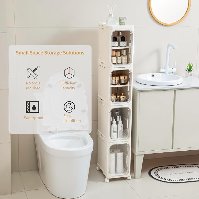 3-Tier Slim Narrow Bathroom Storage Cabinet, Cream White | Tool Free Assembly, Adjustable shelves, Fits for Narrow Spaces, Lockable Wheels, Magnetic Clear Door