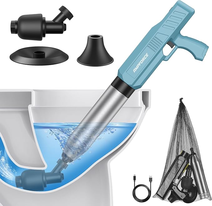 Electric Toilet Plunger, Heavy-Duty Clog Remover, Dusty Blue | High-pressure air plunger for bathrooms. Powerful toilet drain unclogger.