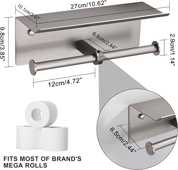 Brushed Nickel Toilet Paper Roll Holder with Shelf Wall Mounted for Bathroom (Brushed Nickel, Double Head)