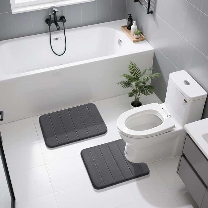Yimobra U-Shaped Toilet Bath Mat Set 2 Piece - Soft Absorbent Quick Dry Memory Foam Bathroom Rugs, Machine Washable Non Slip Floor Carpet for Tub Shower & Single Sink (17x24 & 24x20, Dark Gray)