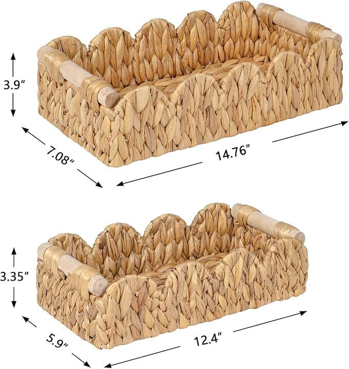 Kriitools Decorative Toilet Paper Storage Basket, Modern Farmhouse Home Decor Scalloped Basket for Organizing, Pantry Baskets for Shelves, Countertop, Living Room, w/Wood Handles, Natural, 2 Sizes