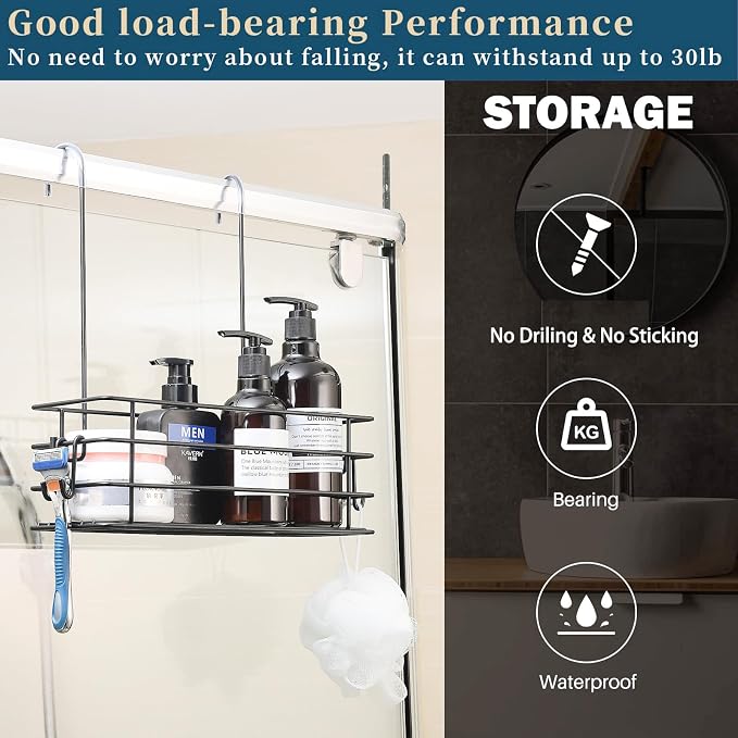 Shower Caddy Hanging Shower Orangizer Stainless Steel Shower Rack with Hooks Over The Door, Shampoo Basket Storage (Black)
