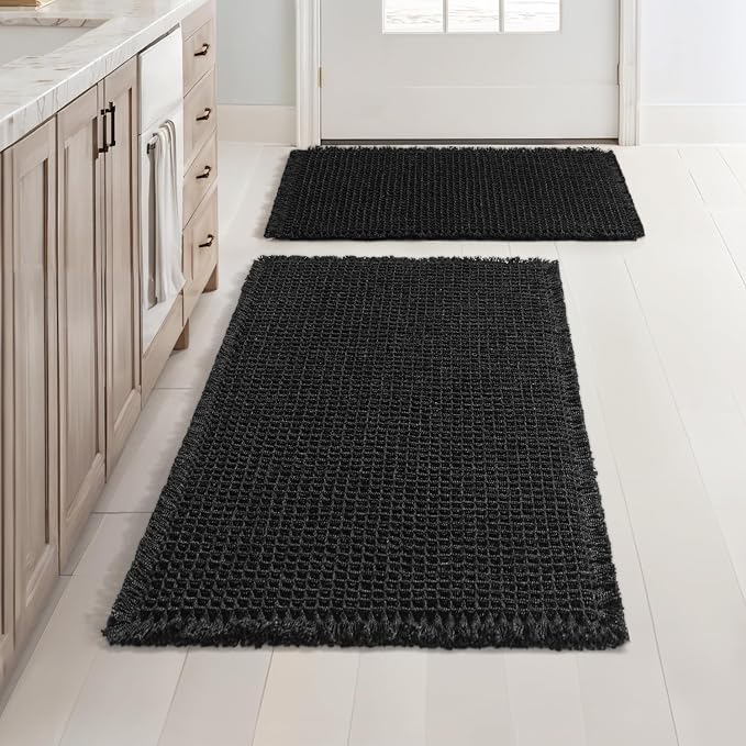 MIULEE Set of 2 Waffle Bathroom Rugs Boho Bath Mat Black 17"x24"+18"x30" | Non Slip, Super Absorbent, Washable, Ultra Soft, Rubber Backed, Small Bath Rugs for Bathroom Floor Tub Shower