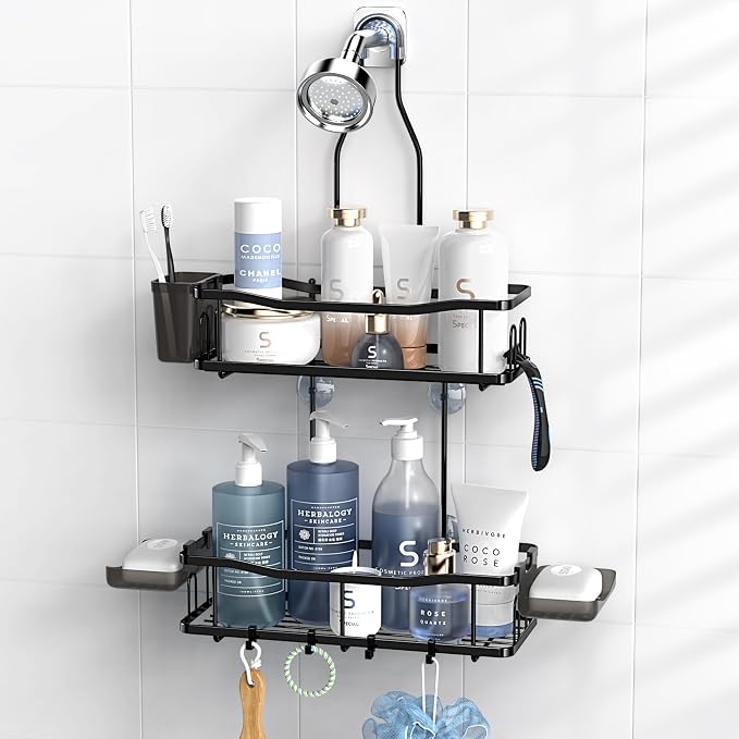 Hanging Shower Caddy Over Shower Head - No Drill Rustproof Shower Rack | Includes Soap Holder and Hooks for Shampoo, Conditioner, and Bathroom Essentials with Stable Storage in Any Shower Space