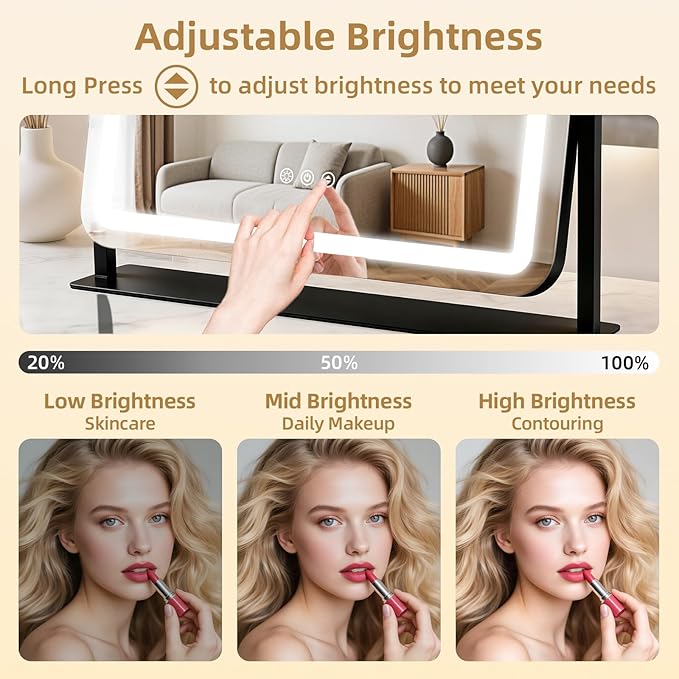 Vanity Mirror with Lights 22"x17", Lighted Makeup Mirror with 10X Magnification, 3 Color Dimmble Lights, Touch Control, 360° Rotation, Metal Frame, Women's Gift, For Bedroom/Dressing Room, Black