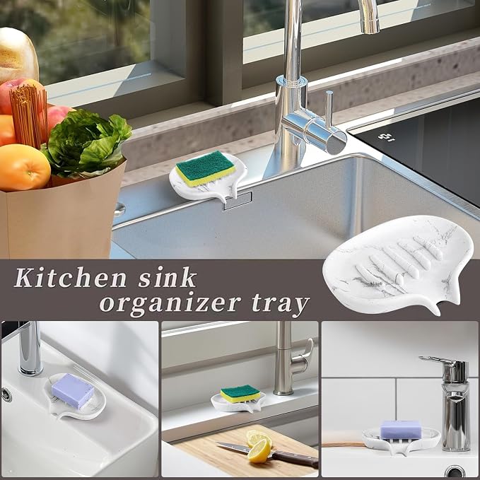 Self Draining Soap Dish for Shower & Bathroom Sink with Drain | Large Marble Resin Non Slip Soap Tray for Bar Soap, Kitchen Counter, Bathtub & Sink