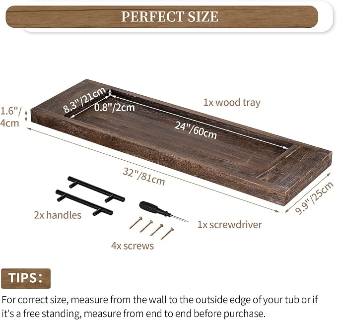 Hanobe Bathtub Tray Bath Caddy: Wood Bath Tub Trays Table Board - Rustic Bathtub Shelf Across Tub - Long Wooden Serving Tray with Handles for Bathroom, 31"