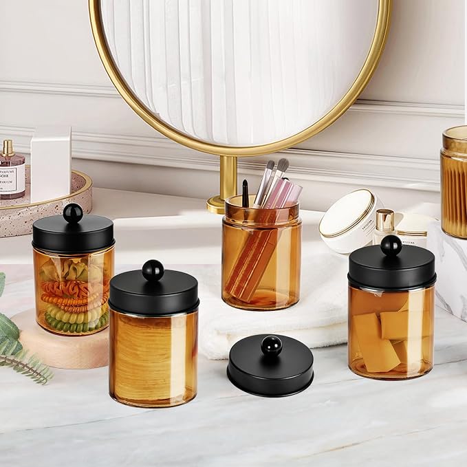 Amolliar Amber Glass Qtip Holder, Apothecary Jars with Black Metal Lid & Stickers-Bathroom Qtip Dispenser Storage Organizer Set, Vanity Countertop Canister for Cotton Swabs, Floss Container(1 Pack)
