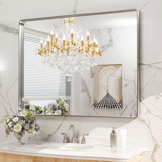 LOAAO 48X36 Inch Brushed Nickel Bathroom Mirror | Rounded Rectangle, Silver Metal Frame, Anti-Rust, Tempered Glass, Hangs Horizontally or Vertically