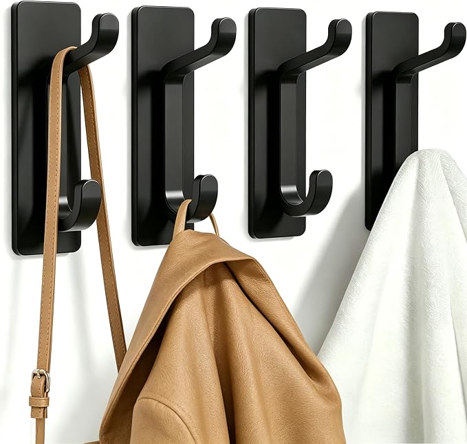 Self Adhesive Wall Hooks for Hanging: Extra Strong 13 LB, Hook for Coat, Towel in Bathrooms, Shower, Kitchen, Wall, Door Hook, Black 4 Pack