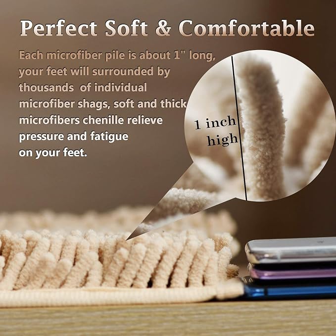 RUN HELIX Beige Bathroom Rug Mat Set, Extra Thick and Absorbent Bath Rugs, Non-Slip, Chenille Soft Plush Shaggy, Washable, for Bathroom, Bedroom, 24x16+20x32 Inch