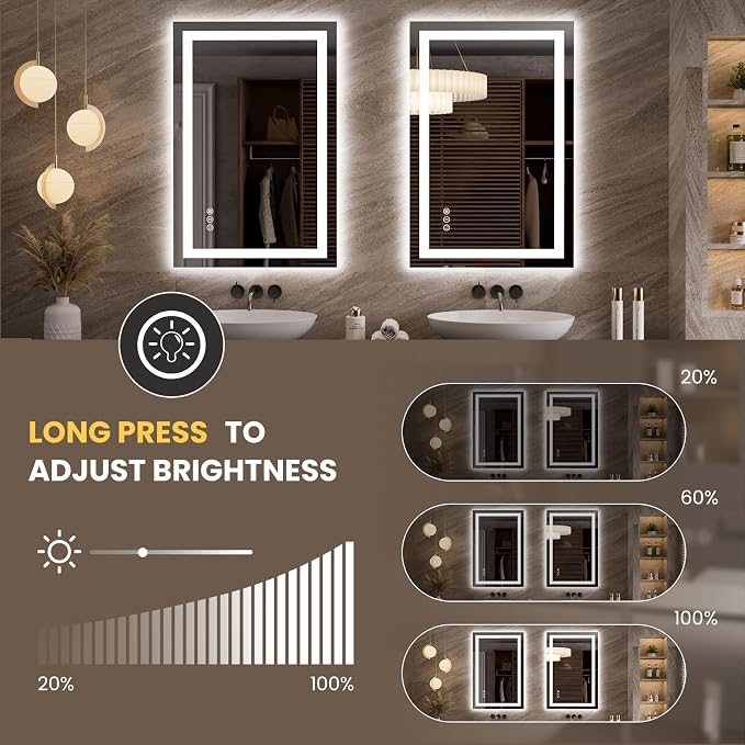 LOAAO 23.6"x35.4" LED Bathroom Mirror with Lights, UL Listed | Anti-Fog, Dimmable, 3 Color Temperature, Backlit + Front Lit, Memory Function, Tempered Glass