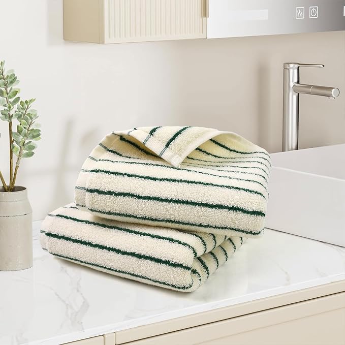 Jacquotha Green Striped Hand Towels for Kitchen, Vintage Bathroom Decor | Natural Cotton Tea Towel, 14” x 29”