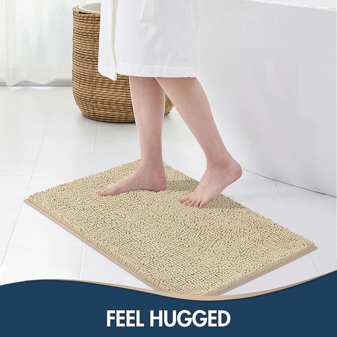 TREETONE Bathroom Rugs Sets, Thick Soft Absorbent 3 Piece Chenille Bath Rugs, Non-Slip, Dry Quickly, Machine Washable, Shaggy Mats with U-Shaped Toilet Rug for Bathroom Floor, Tub and Shower, Beige