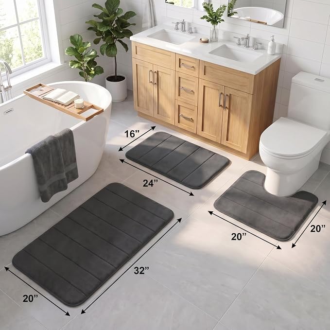 Bathroom Rugs Set 3 Piece, Memory Foam Bath Rugs, Non Slip Washable Bathroom Rug Set, Extra Soft Absorbent Bath Mats with U-Shaped Toilet Rug, Dark Grey