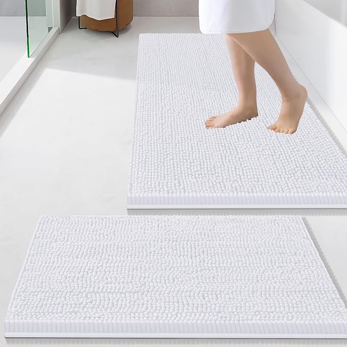 Smiry Chenille Bathroom Rugs Sets 2 Piece (34x21+24x16, White) | Soft Absorbent Machine Washable Non Slip Shaggy Bath Rug Set for Tub, Shower, and Floor, Home Decor