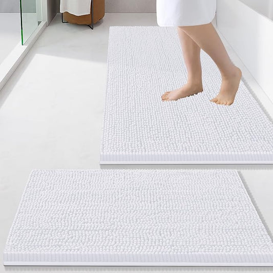 Smiry Chenille Bathroom Rugs Sets 2 Piece (34x21+24x16, White) | Soft Absorbent Machine Washable Non Slip Shaggy Bath Rug Set for Tub, Shower, and Floor, Home Decor
