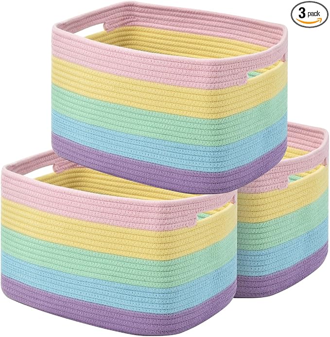 Issudata Storage Basket,Woven Baskets for Storage,Cotton Rope Baskets for Organizing,decorative Baskets for Shelves,book Basket,towel Basket,Toy Basket or Storage Bins (Light Rainbow)