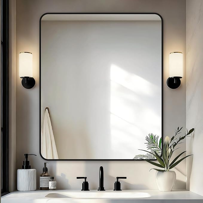 Delma Bathroom Vanity Mirror, Black Framed Mirror for Over Sink, 36x30 | HD glass, distortion-free for makeup and grooming, Sturdy frame, all mounting hardware, hangs horizontal or vertical