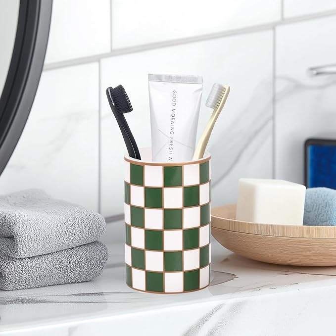 Checkered Bathroom Toothbrush Holder, Bathroom Black and White Ceramic Toothbrush Holder, Modern Toothbrush Box, Used for Bathroom countertop Storage Rack, Checkered Bathroom Decoration (Green)