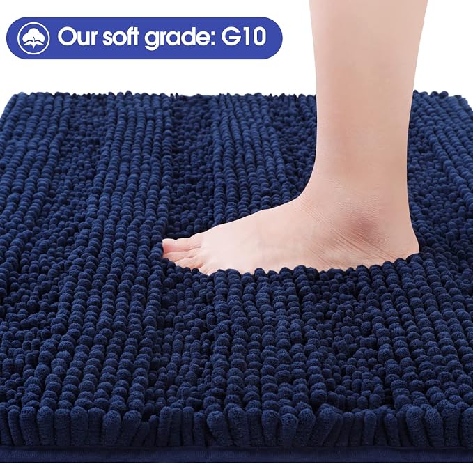 ACCUMTEK Striped Navy Blue Bathroom Rug Mat 48"x17" Ultra Soft, Non Slip Chenille Bath Rugs, Absorbent Plush Shaggy Bath Mats for Bathroom, Bedroom, Kitchen, Shower, Tub