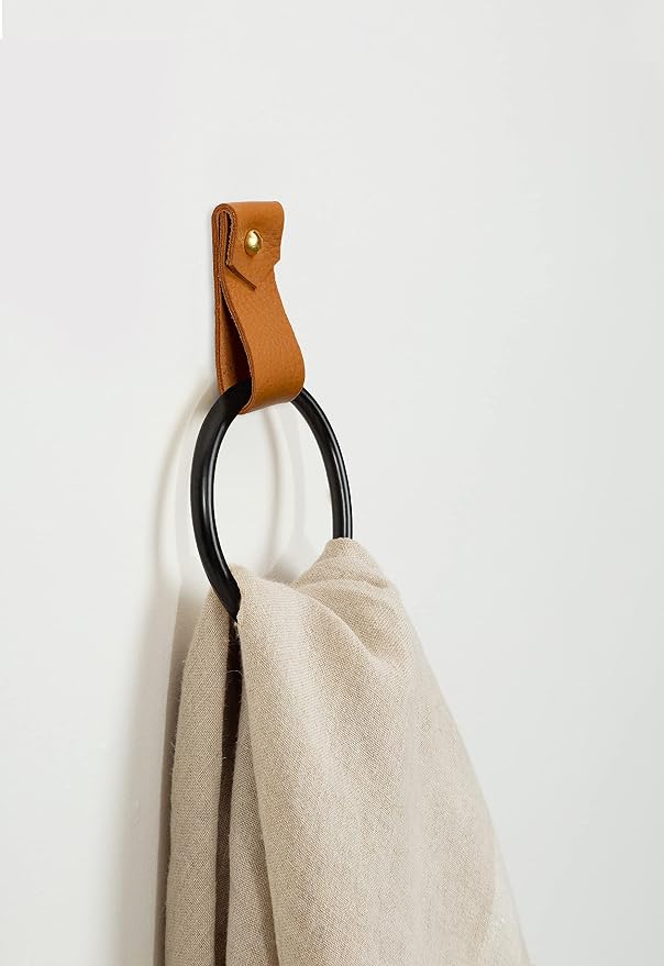 Small Leather Wall Hook, Black Towel Ring wall Hanging Strap Towel Hook for wall Leather Loop Strap Holder Minimal Towel bar Rack Storage Modern Bathroom Hand Towel Holder
