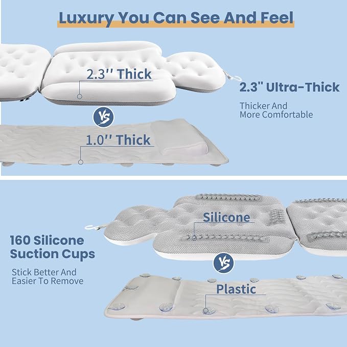 Luxury Bath Cushion, Full Body Bathtub Pillow with 160 Suction Cups, Bath Mat for Head and Neck Support, with Laundry Bag (White, 56" x 16")