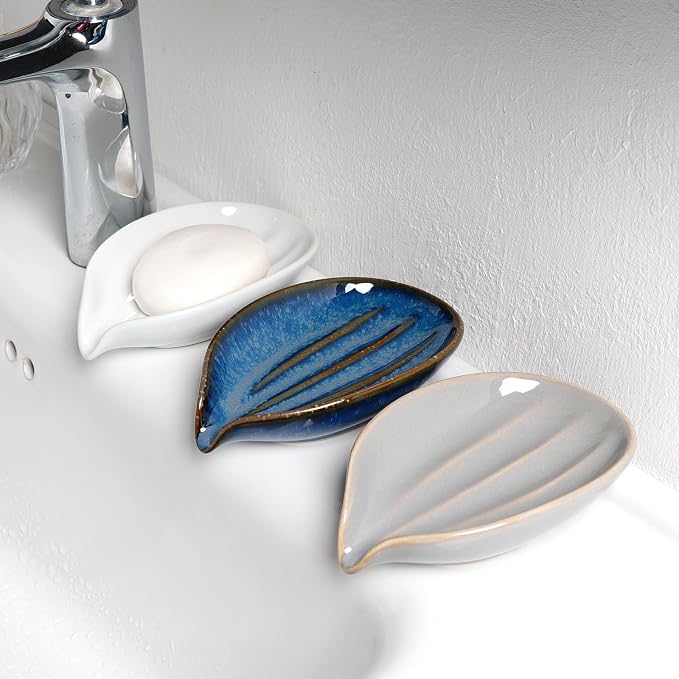 Soap Dish, Self-Draining Soap Holder, Leaf Shape Ceramic Bar Soap Holder Drain Soap Dishes for Bathroom Sink Kitchen, Easy to Clean Keeps Soap Dry, Blue, ANTIS'S HOME