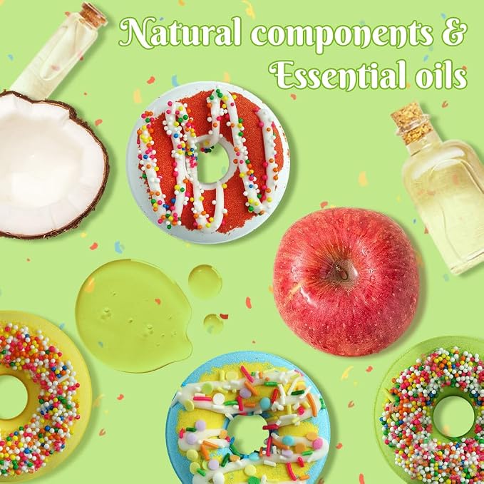 KAV Donut Bath Bombs Gift Set – 4 Piece Handmade Organic Bath Bomb Kit with Essential Oils – Relaxation Spa Gift for Women, Men, Teens, Kids – Self Care & Aromatherapy Soak (Fresh)