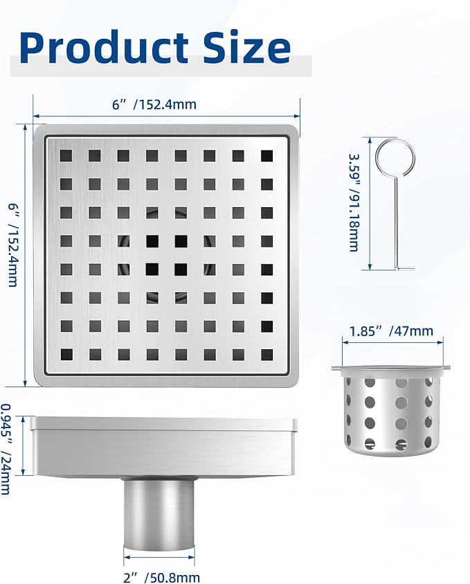 6 Inch Shower Drain, Modern 304 Stainless Steel Square Shower Drain for Bathroom, Brushed Nickel Shower Floor Drain with Grate Removable, Hair Strainer
