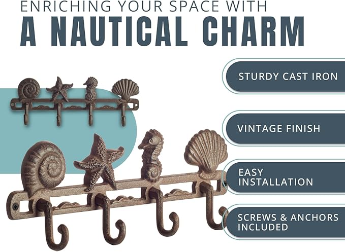 Comfify Rust Brown Seashell Cast Iron Wall Hook Rack – 4 Hooks, 13.5" | Rust Brown; 2 seashells + starfish + seahorse; 4"H x 13.5"L; cast iron; includes screws and anchors; coastal decor