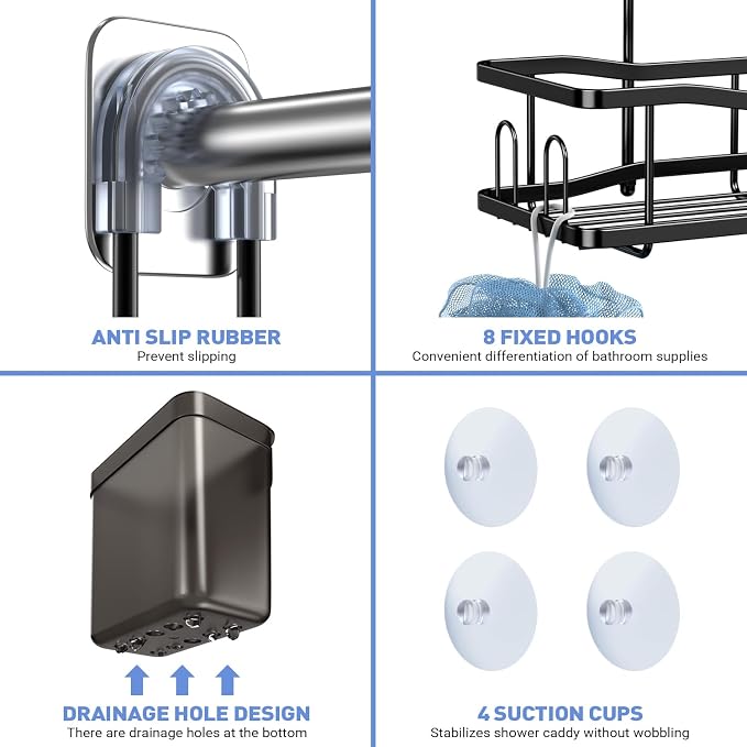 Hanging Shower Caddy Over Shower Head - No Drill Rustproof Shower Rack | Includes Soap Holder and Hooks for Shampoo, Conditioner, and Bathroom Essentials with Stable Storage in Any Shower Space