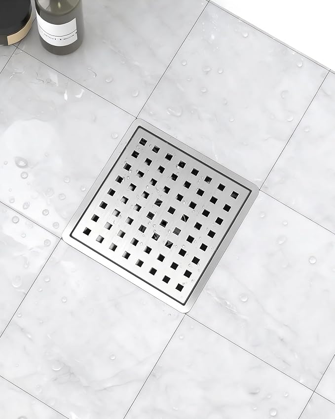 6 Inch Shower Drain, Modern 304 Stainless Steel Square Shower Drain for Bathroom, Brushed Nickel Shower Floor Drain with Grate Removable, Hair Strainer
