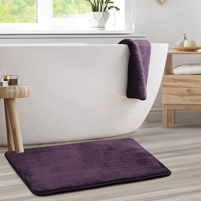 Clara Clark Bathroom Rugs, Velvet Memory Foam Bath Mat, Non-Slip, Machine Washable Bath Rugs - Dries Quickly, Ultra Soft Plush Bath Mats for Bathroom, 20 x 32, Dark Purple