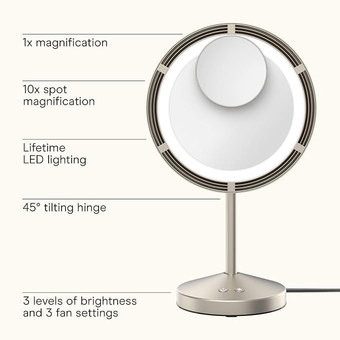 Conair Vanity Mirror with Lights, Adjustable Fan & Brightness, Round | Magnifying makeup mirror with lights for any beauty and skincare routine, tilting hinge, removable 10x magnetic spot mirror