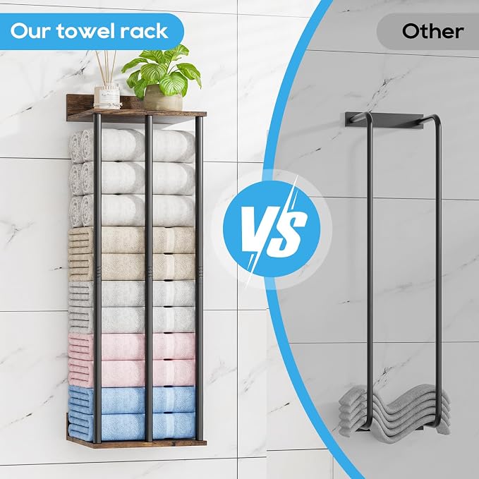 Towel Racks for Bathroom Wall Mounted with Wooden Storage Shelf | Updated 3 Bar Metal Towel Holder for Rolled Towels, Rustic Sturdy and Large Capacity, Towel Storage Organizer